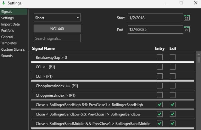 StratGen signal tester interface for quantitative trading analysis with 600+ technical indicators for algorithmic trading strategies