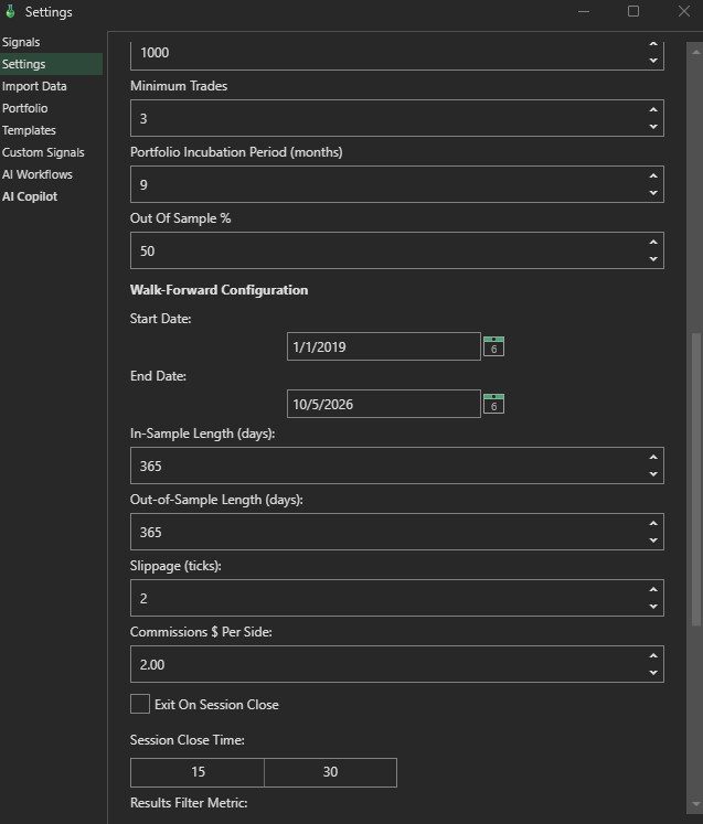 Walk-forward settings